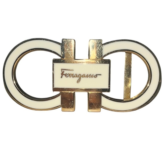 Salvatore Ferragamo Cream Enamel Gold Gancini Belt Buckle